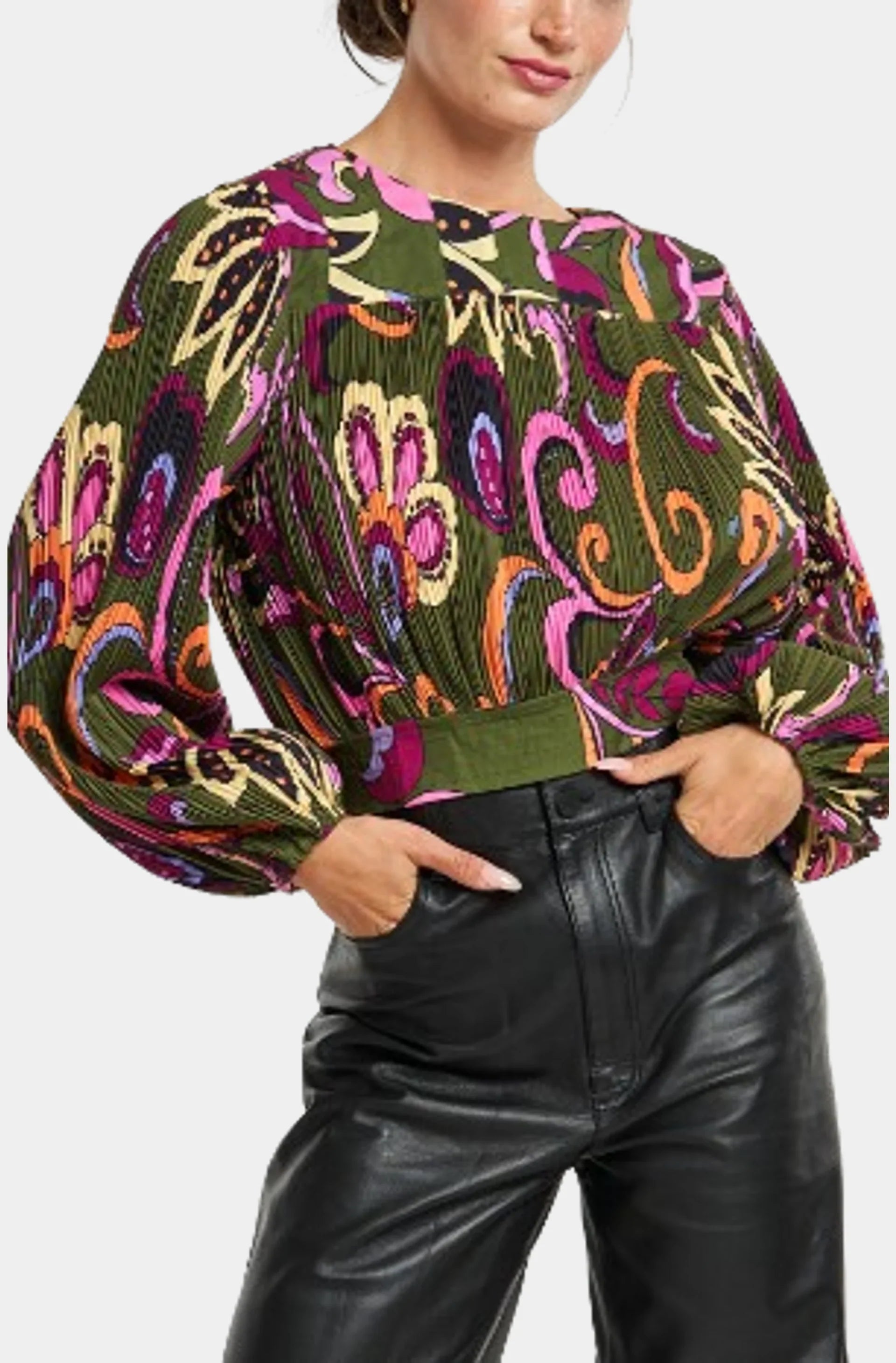 Cathy Printed Micro Pleat Long Sleeve Top