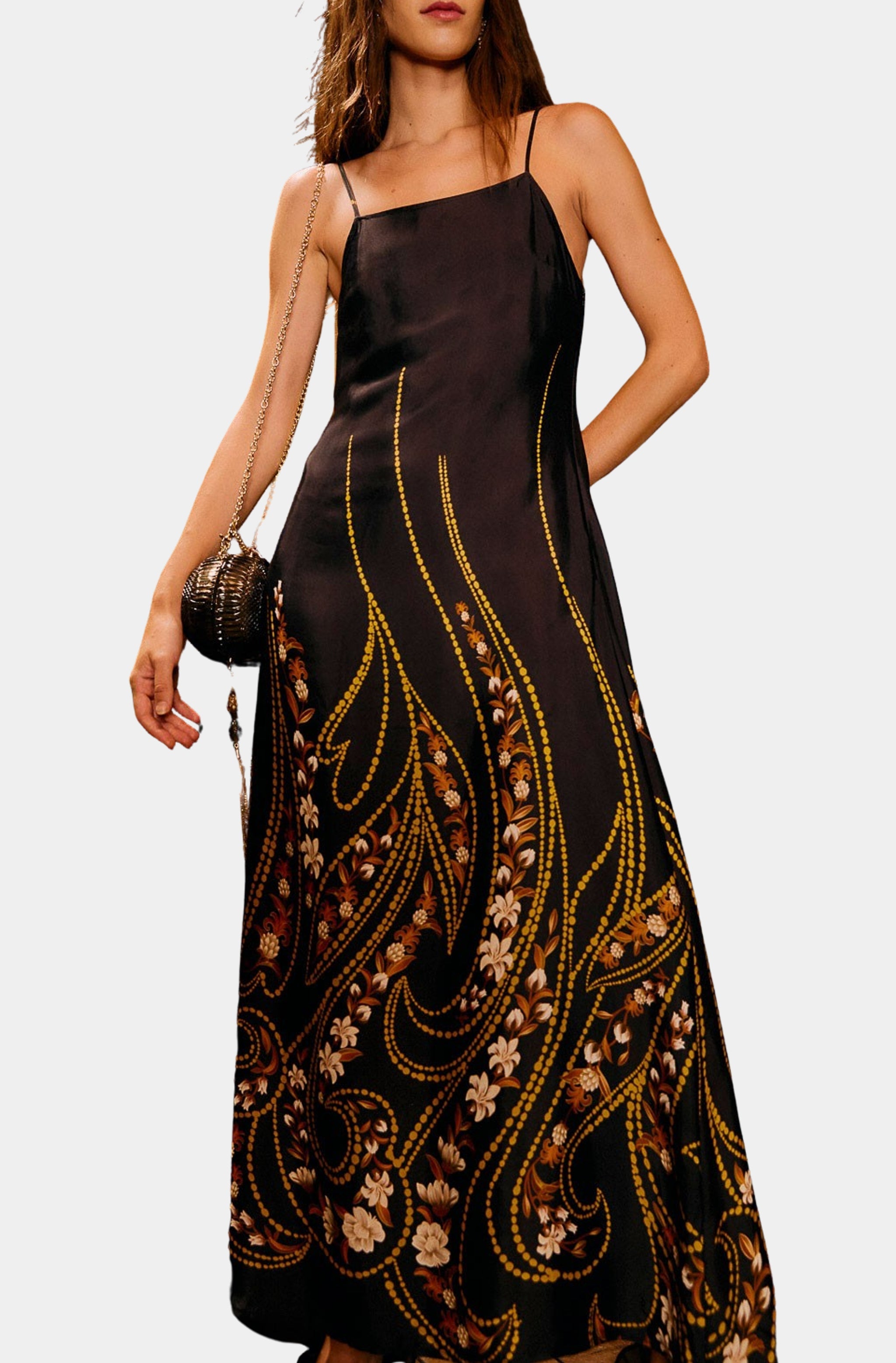 Garden Silhouette Black Slip Midi Dress