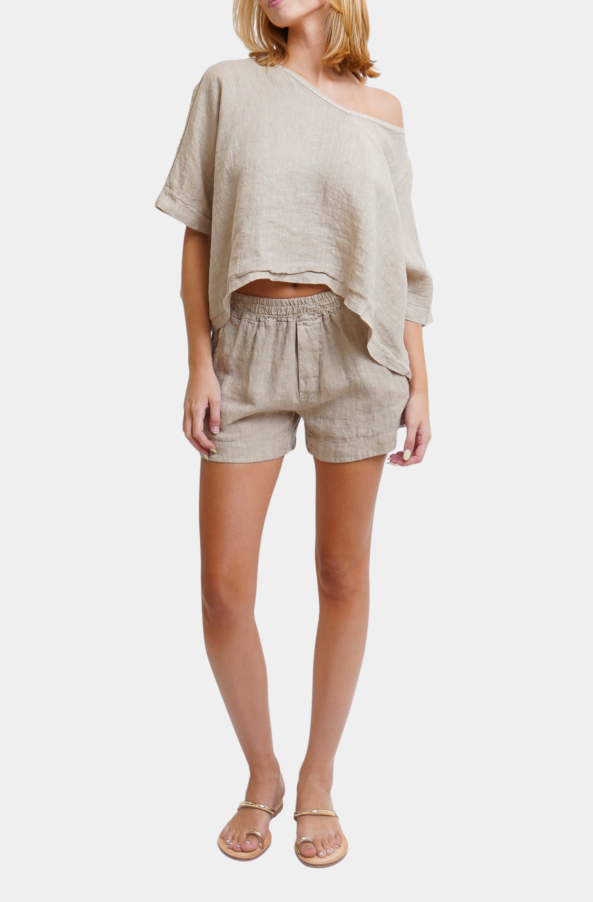 V-Neck Linen Dolman Sleeve Crop Top