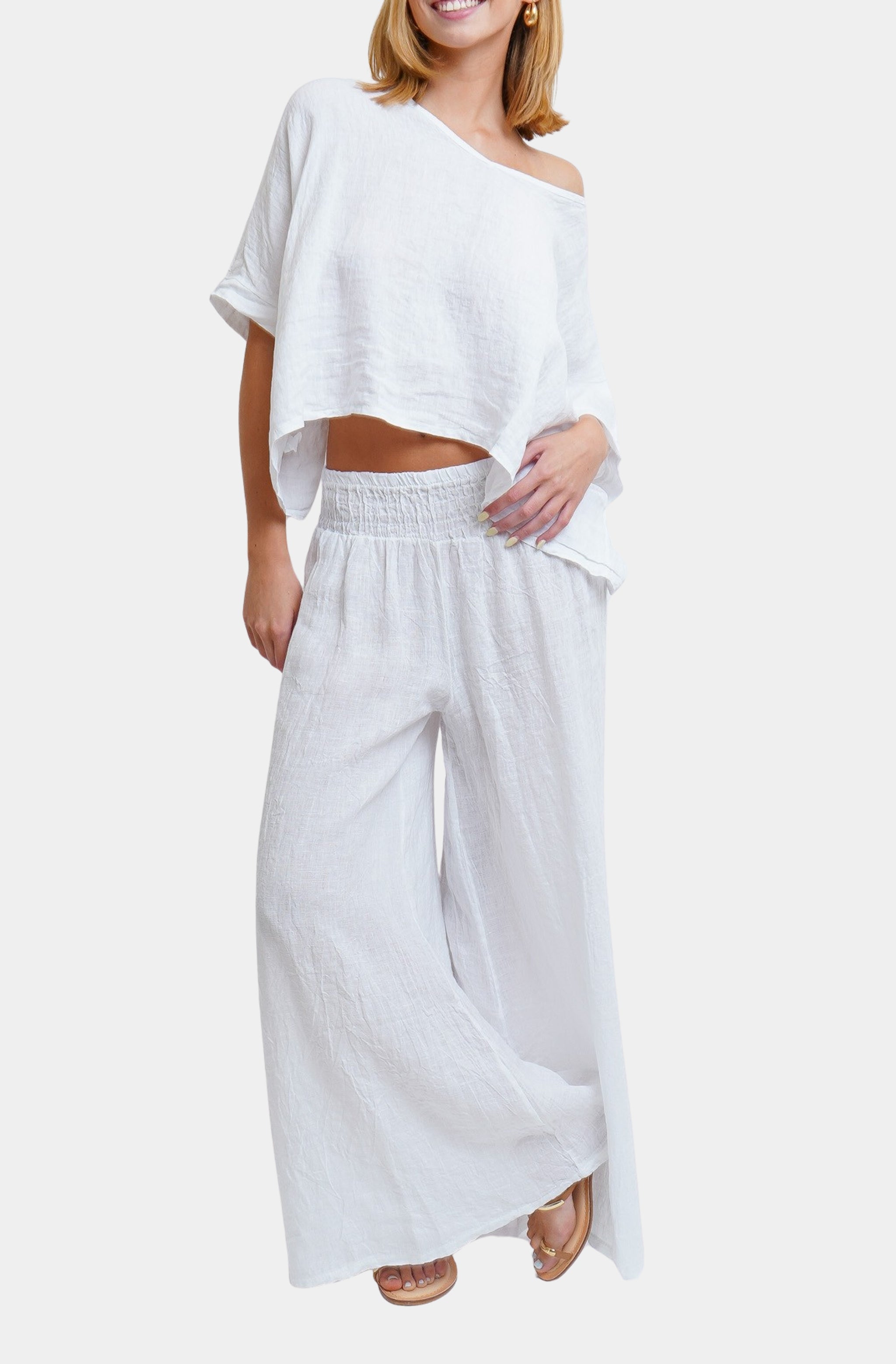 V-Neck Linen Dolman Sleeve Crop Top