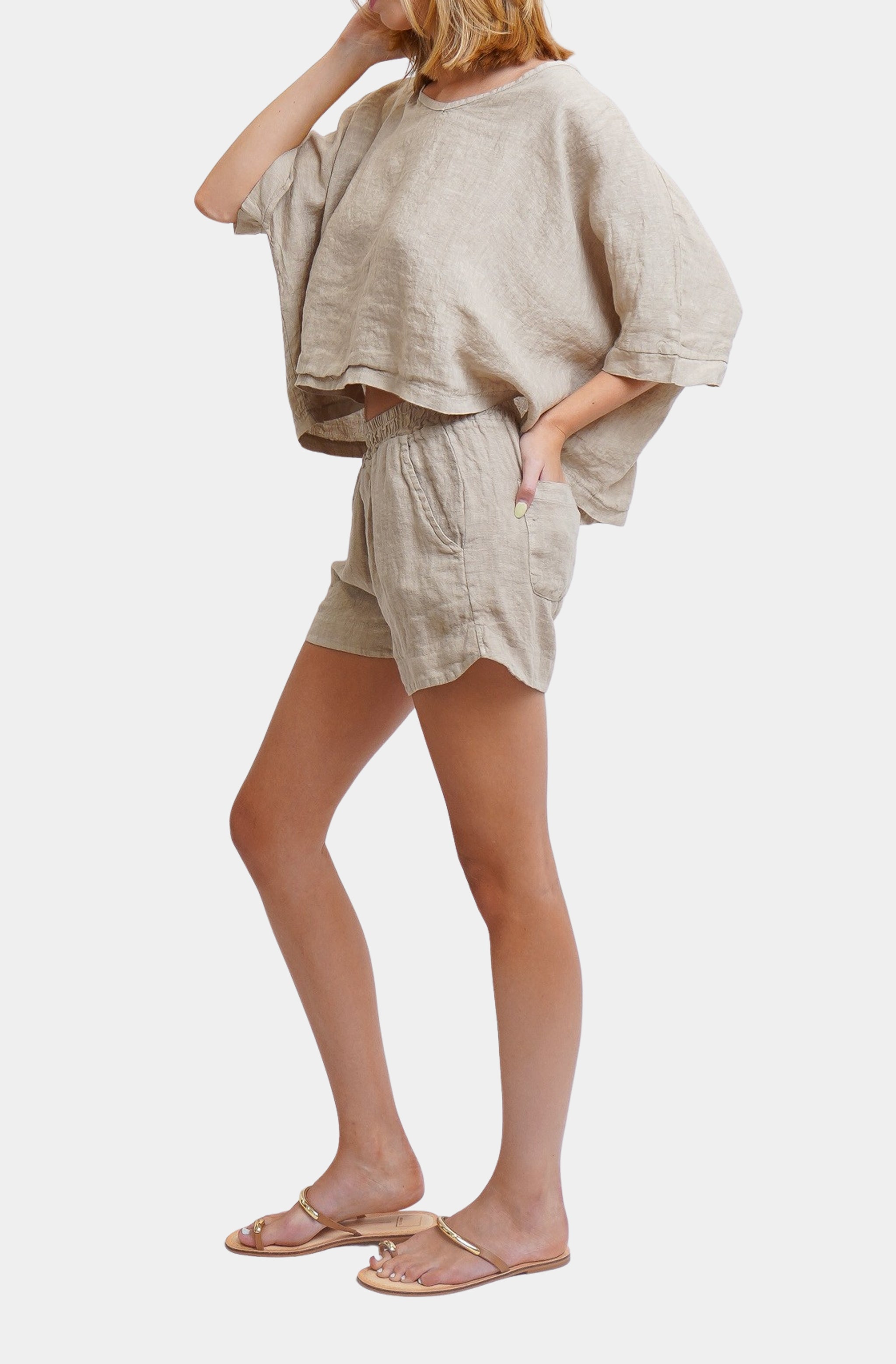 V-Neck Linen Dolman Sleeve Crop Top