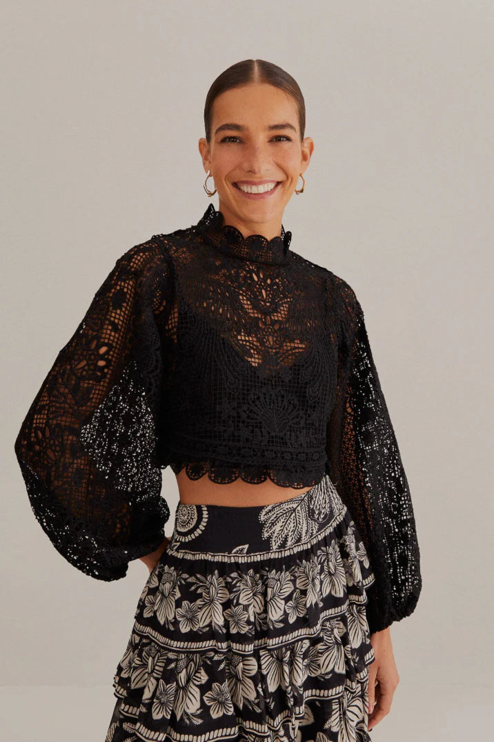 Black Guipure Long Sleeve Blouse