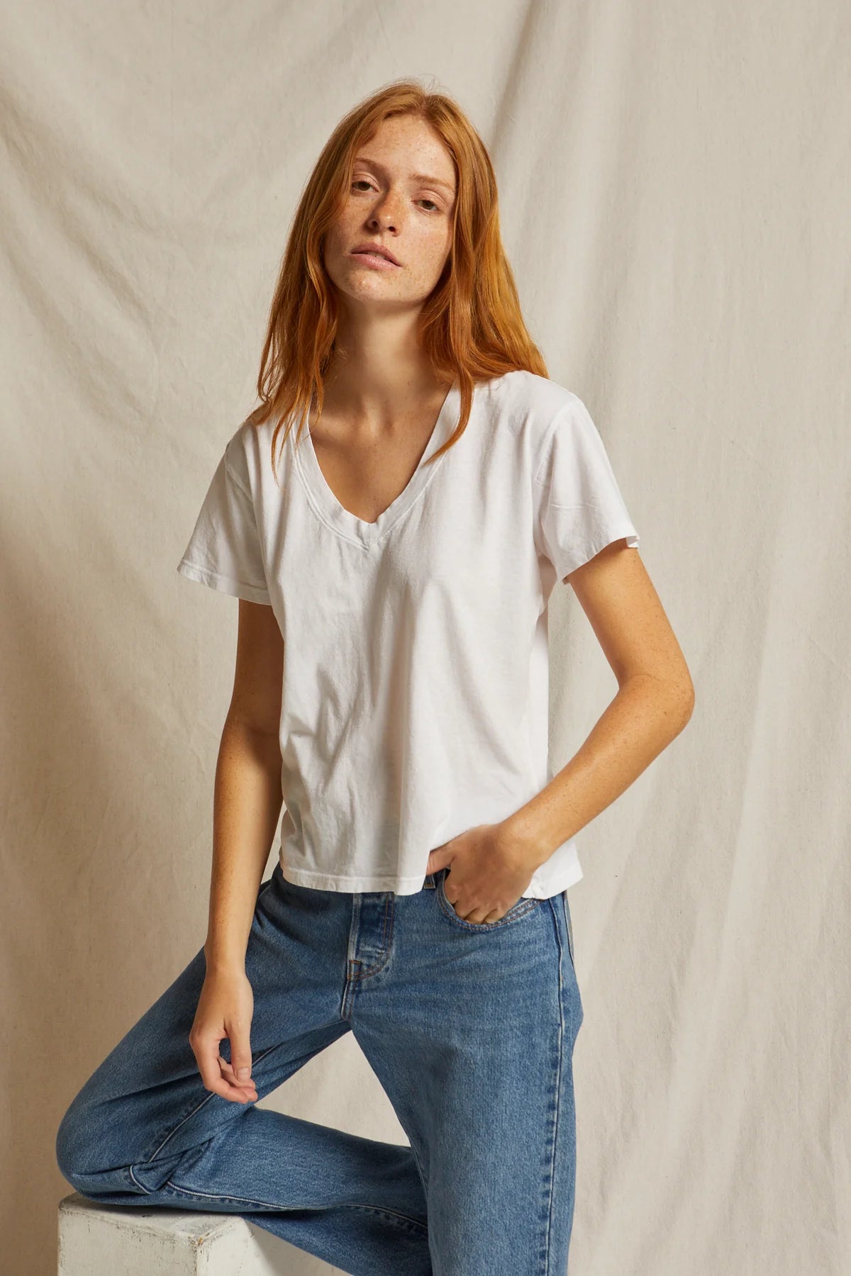 Hendrix Cotton Short Sleeve Boxy V Neck Tee