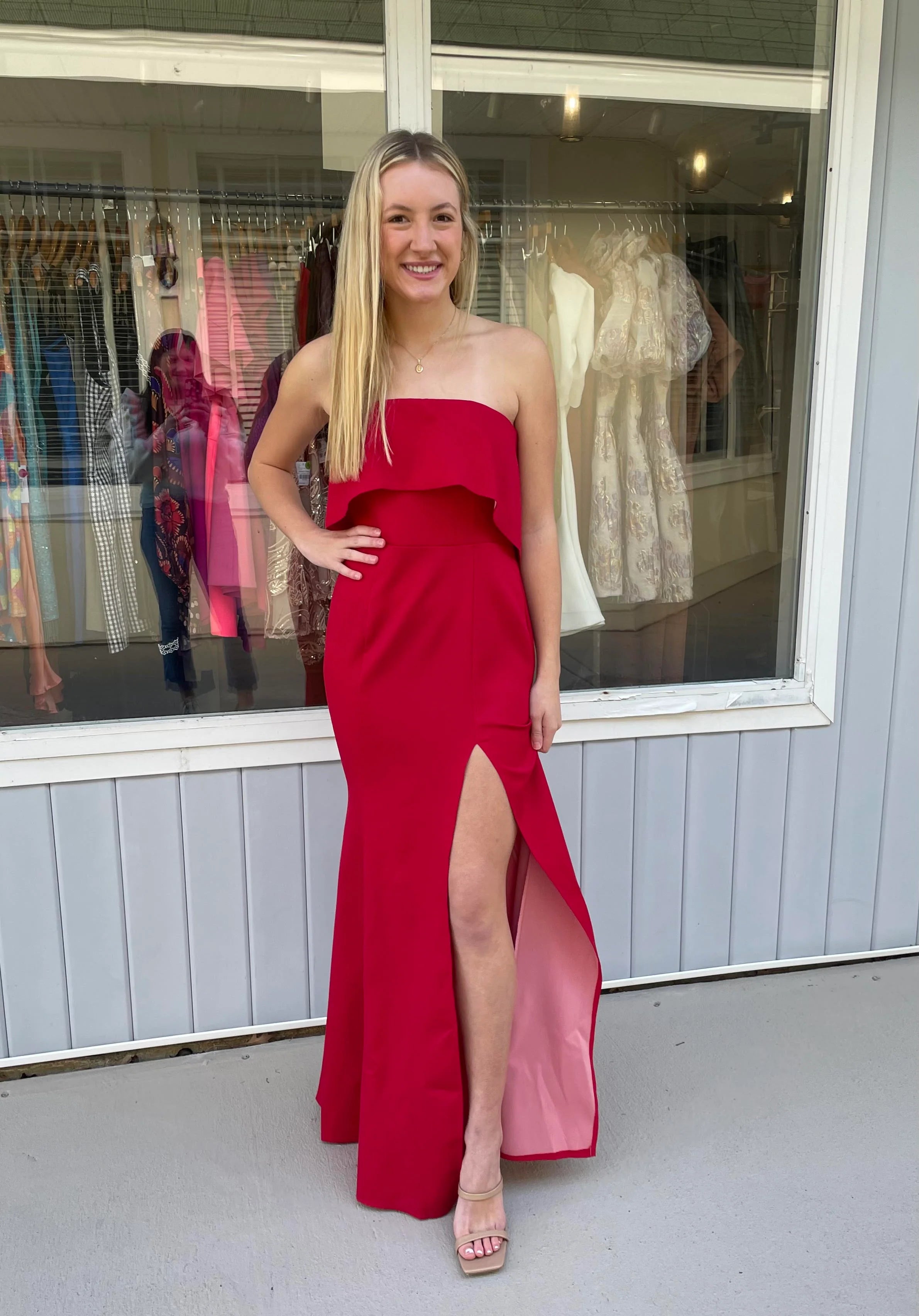 Off the Shoulder Color Block Gown in Red/Pink Off the Shoulder Color Block Gown in Red/Pink