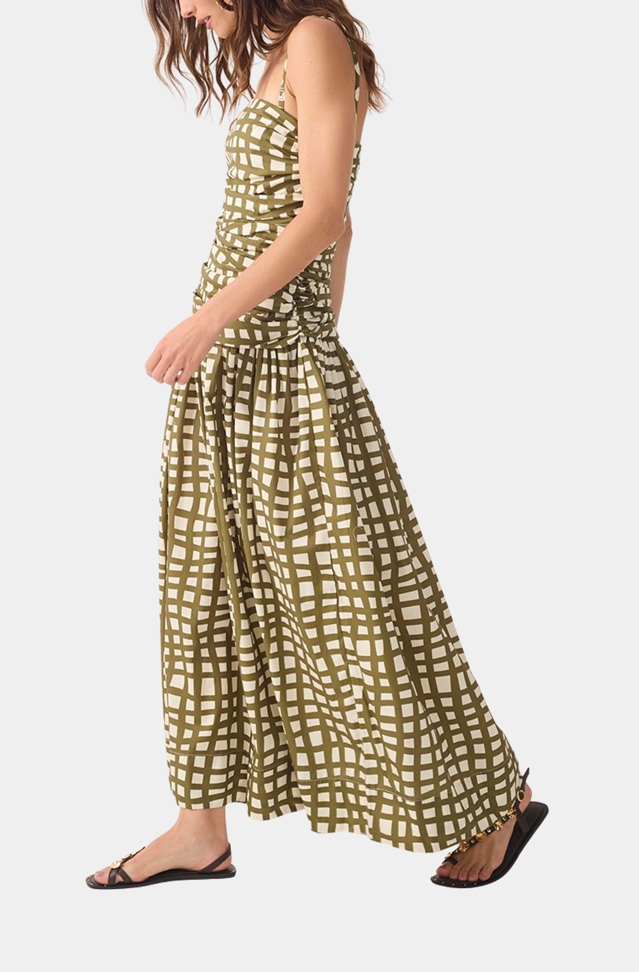Green Trama Square Neck Ruched Bodice Removable Straps Maxi Dress