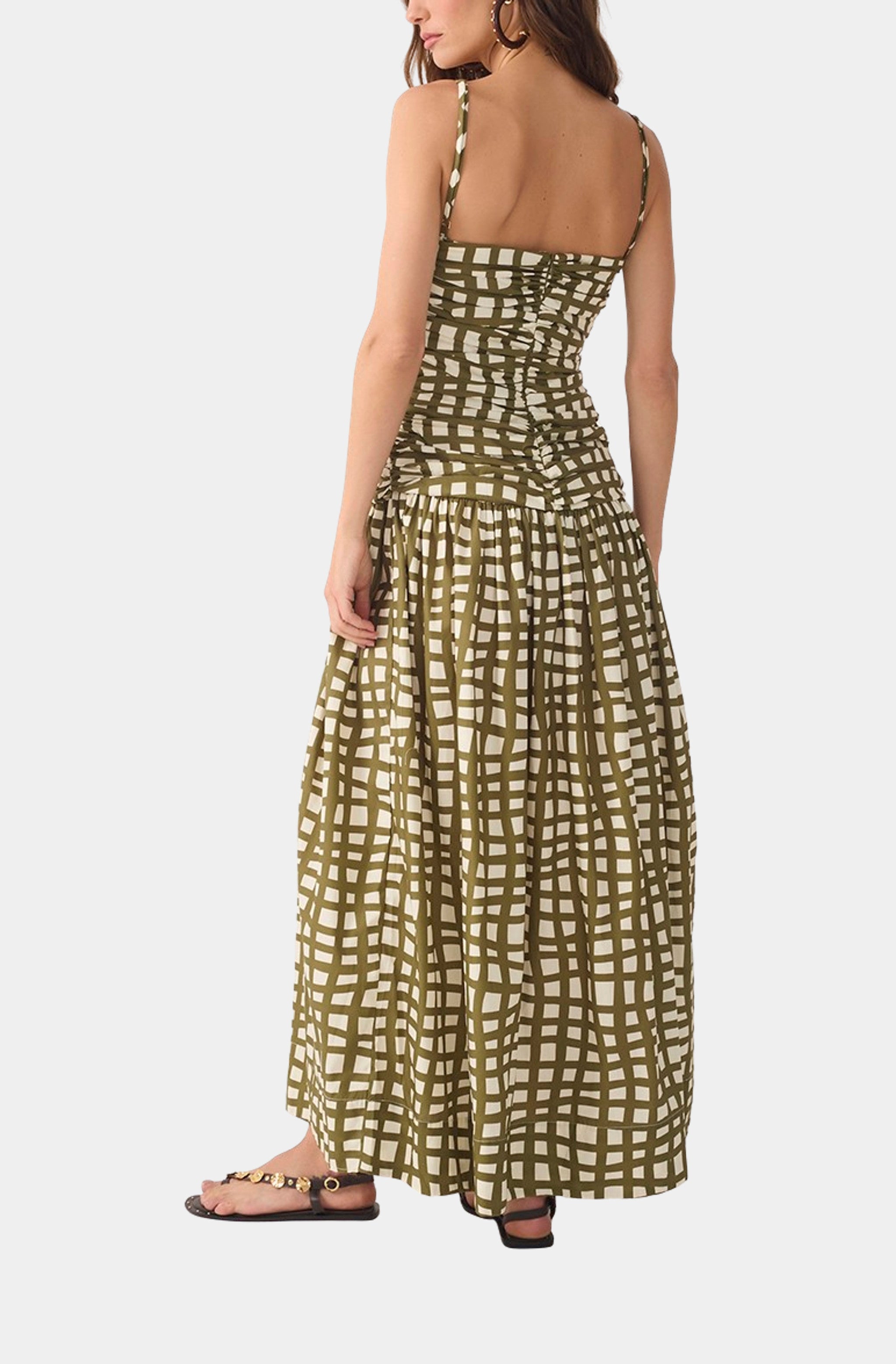 Green Trama Square Neck Ruched Bodice Removable Straps Maxi Dress